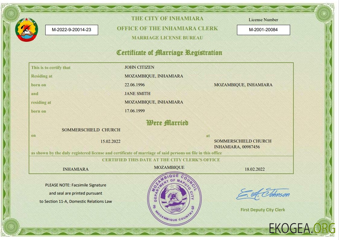 Modèle Word et PDF d'acte de mariage au Mozambique